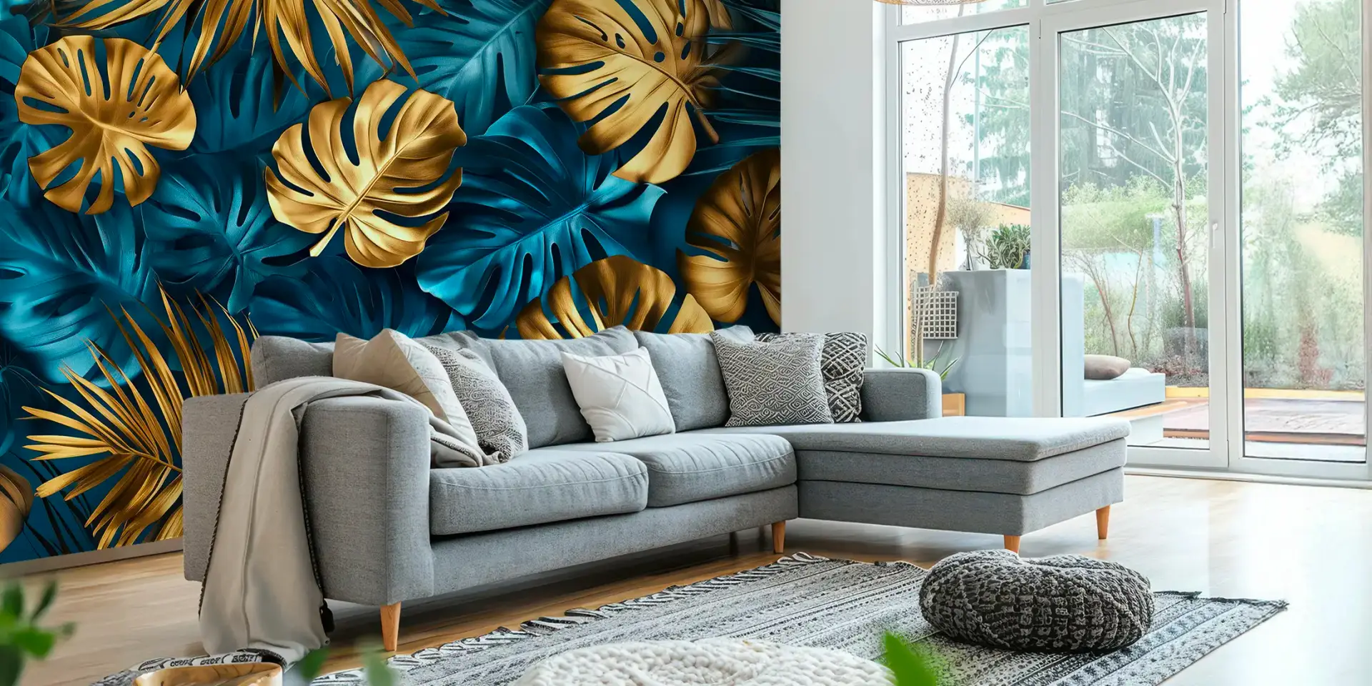 Toile tendue murale Feuilles tropicales, posée dans un intérieur