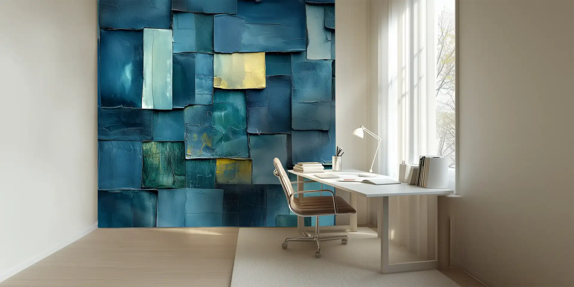 store_01JSP77R2WD9DAGQYCZT8JS956assets1746003055120-1609-patchwork-touches-peintures-bleu-or-situ-800003 Toile tendue murale Patchwork bleu et or, posée dans un intérieur