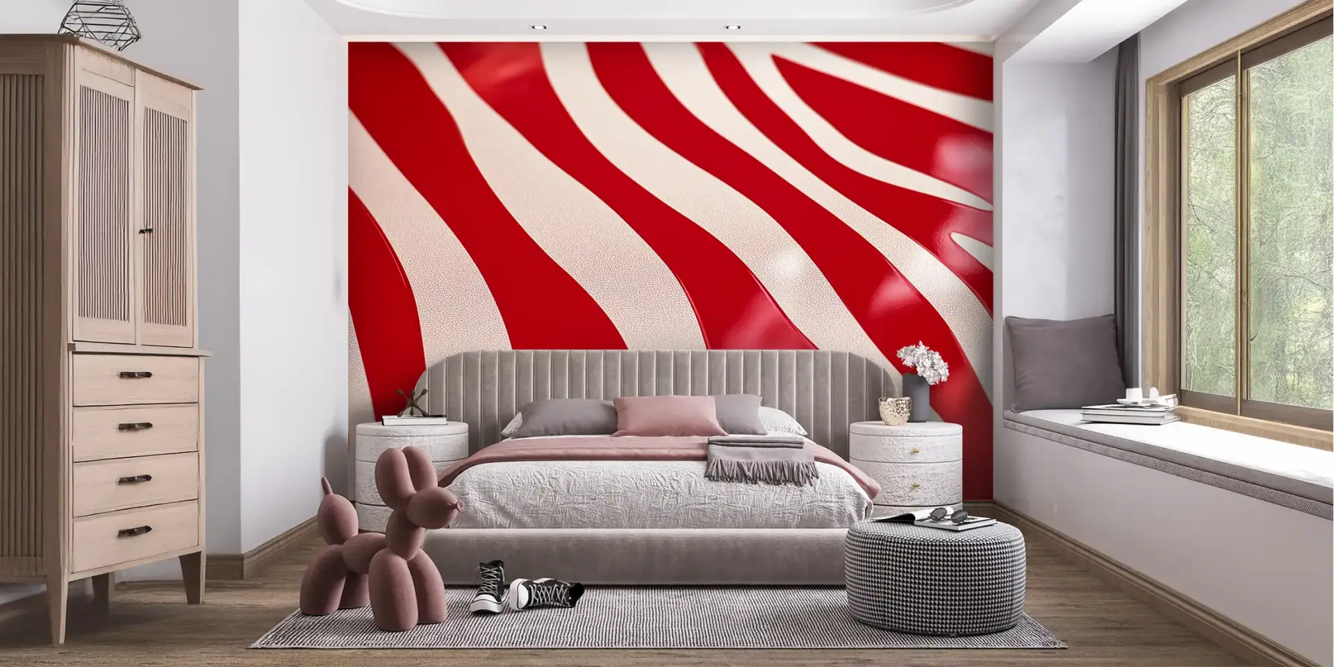 Toile tendue murale Rayures rouge brillant, posée dans un intérieur