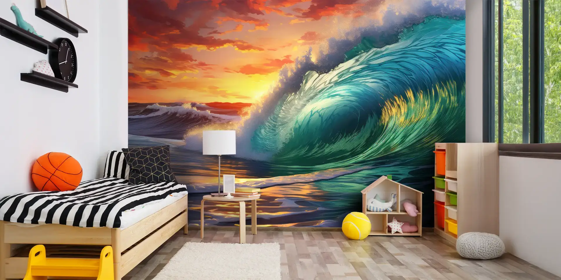 Toile tendue murale Vague au crépuscule, posée dans un intérieur