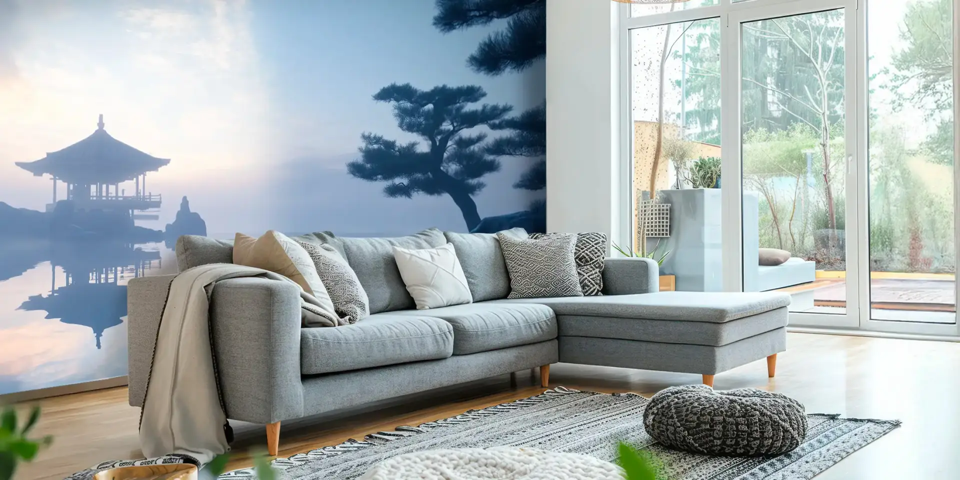 Toile tendue murale Lac zen & temple japonais, posée dans un intérieur