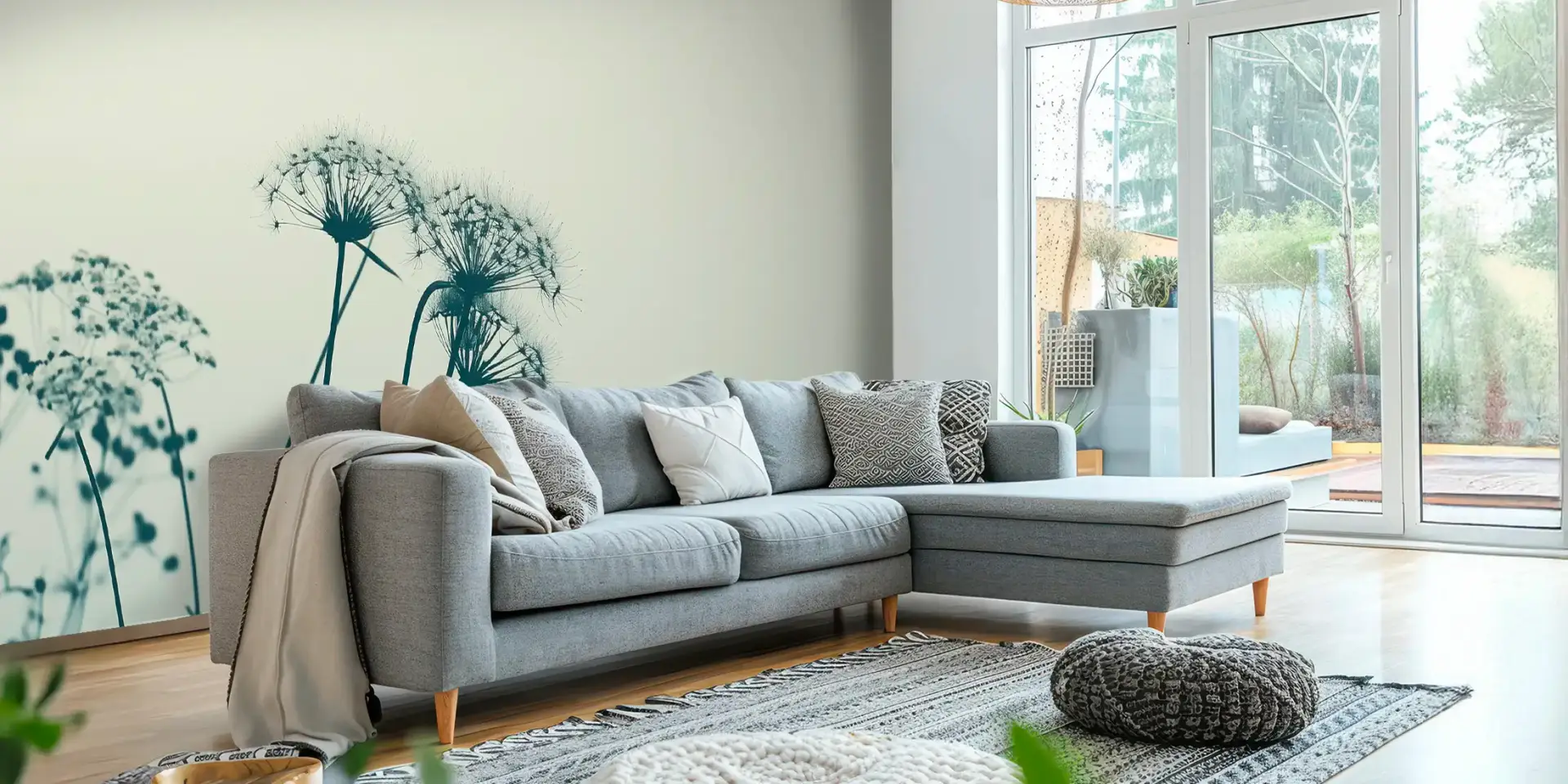 Toile tendue murale Silhouettes de pissenlits, posée dans un intérieur