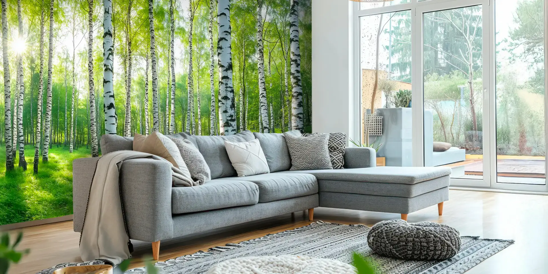 Toile tendue murale Forêt de bouleaux, posée dans un intérieur