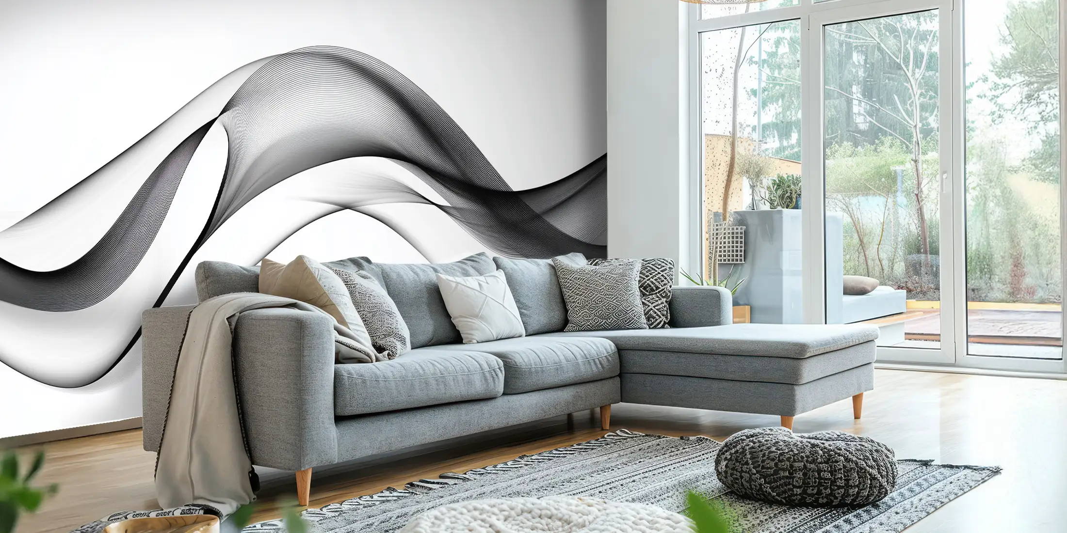 store_01JSP77R2WD9DAGQYCZT8JS956assets1746025433055-1609-vague-filet-noir-et-blanc-situ-100011 Toile tendue murale Vagues en dégradé, posée dans un intérieur