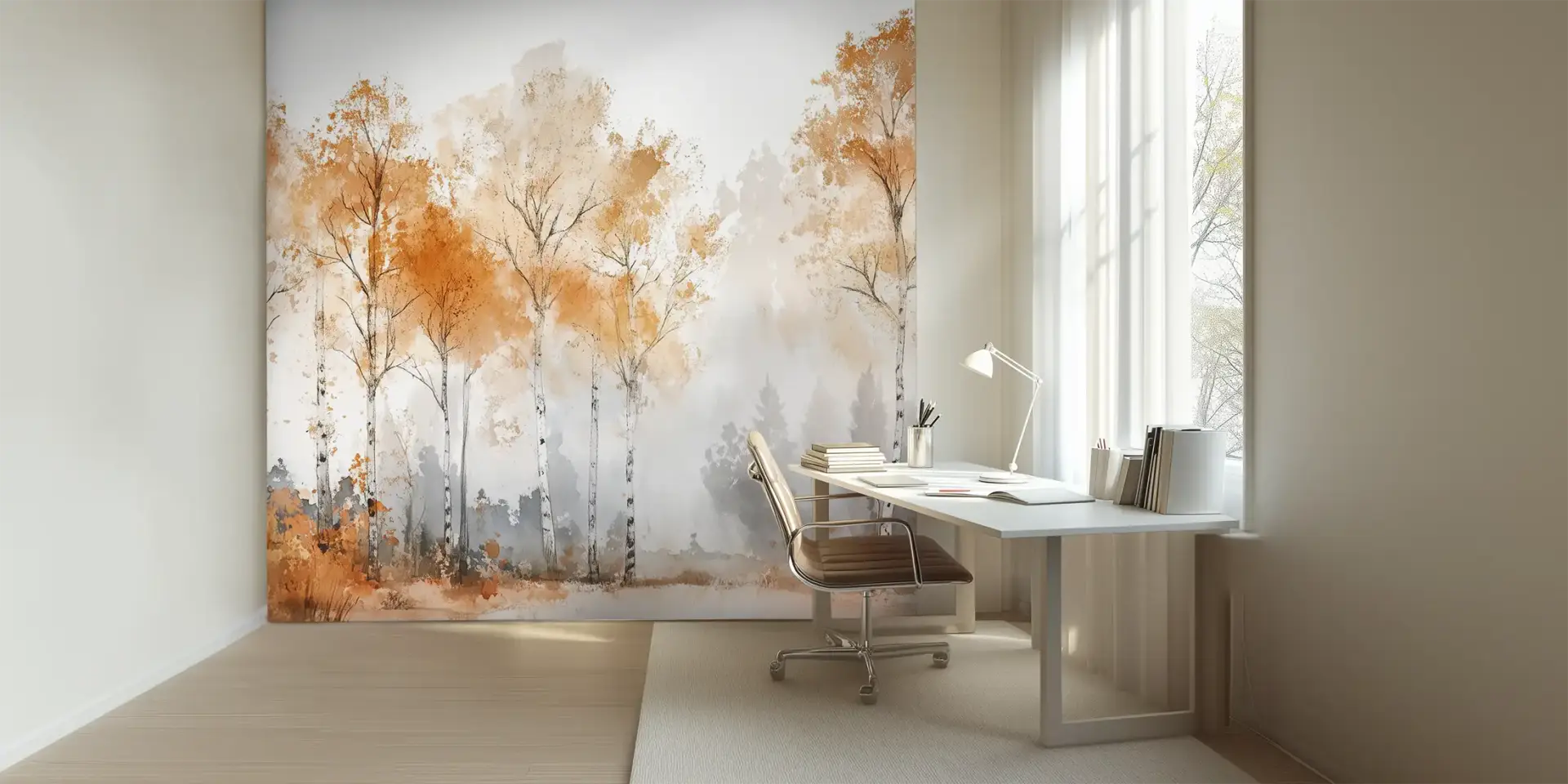 Toile tendue murale Forêt d’automne, posée dans un intérieur