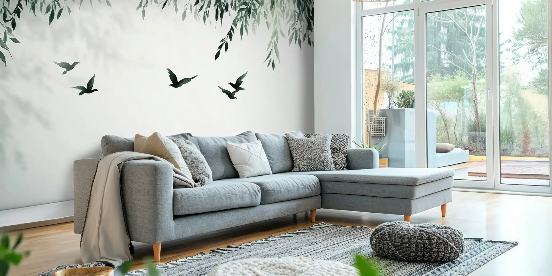 Toile tendue murale Oiseaux en vol, posée dans un intérieur
