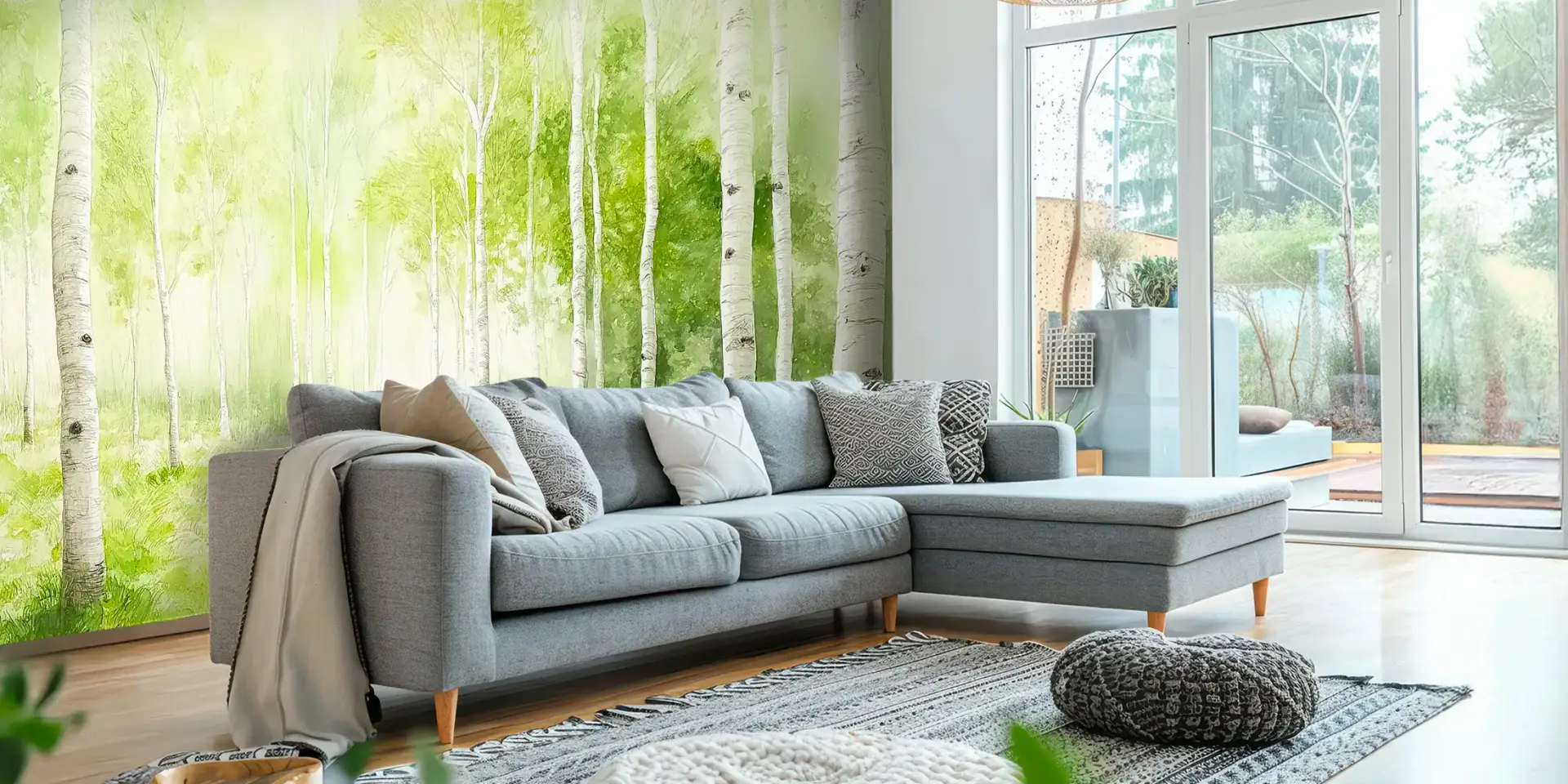 Toile tendue murale Forêt de bouleaux lumineuse, posée dans un intérieur