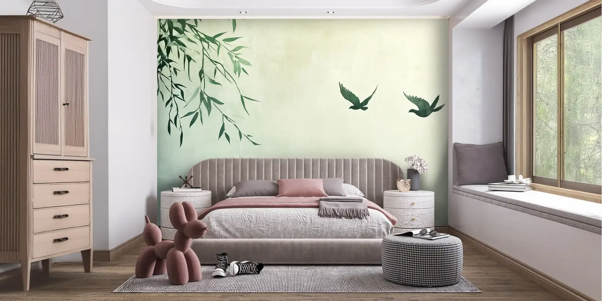 Toile tendue murale Saule pleureur & hirondelles, posée dans un intérieur