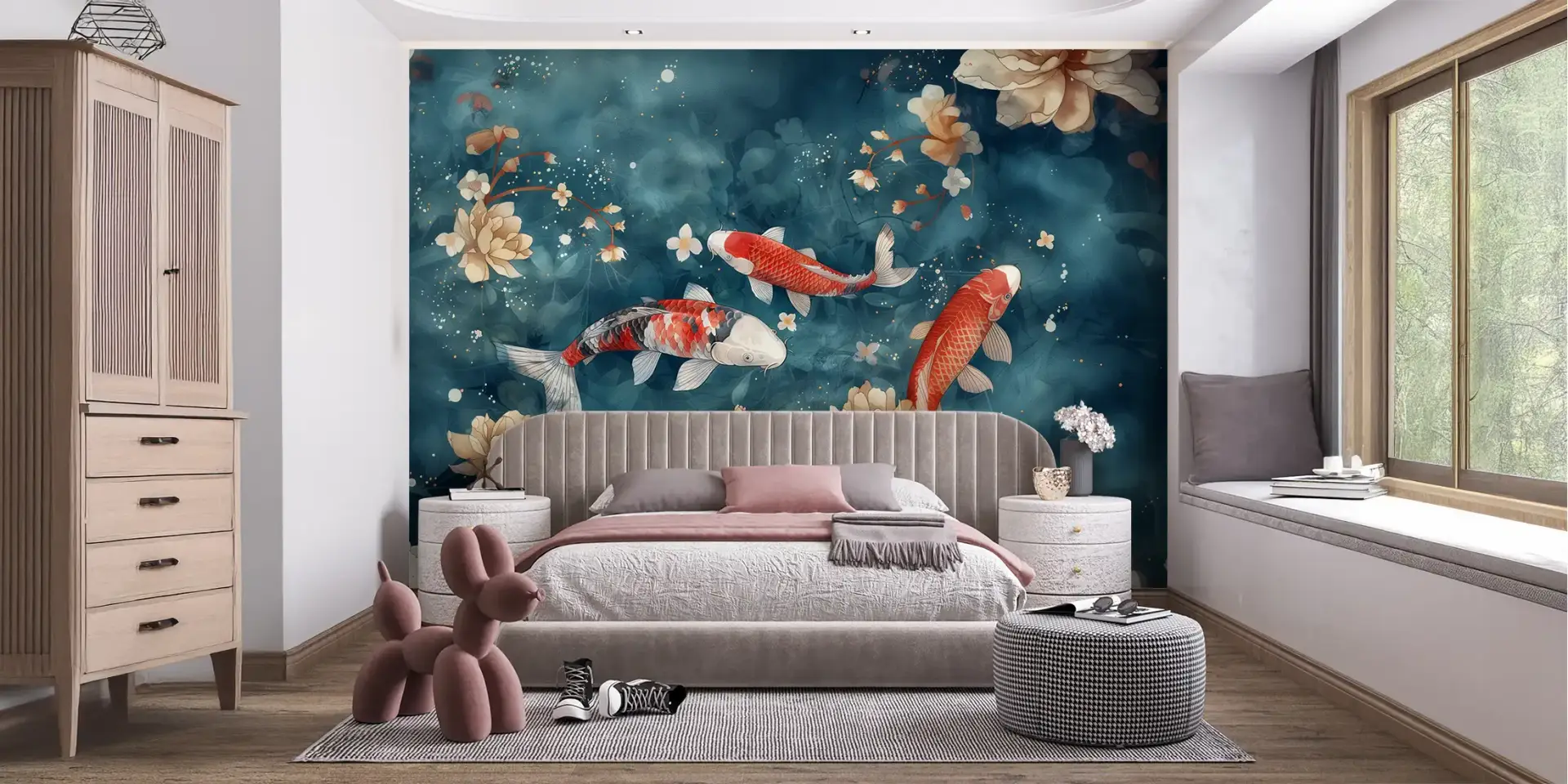 Toile tendue murale Carpes Koï, posée dans un intérieur