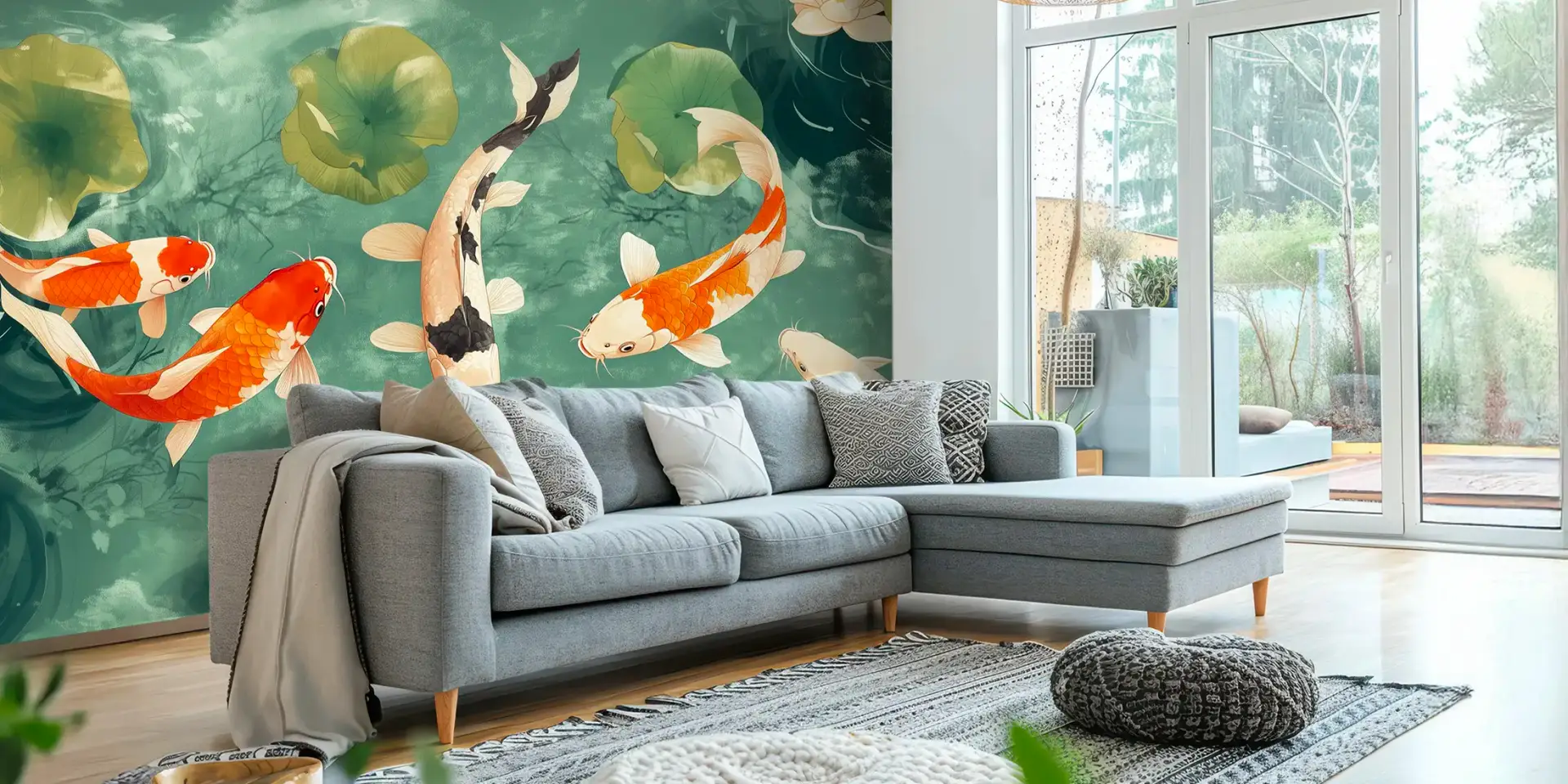 Toile tendue murale Carpes Koï, posée dans un intérieur