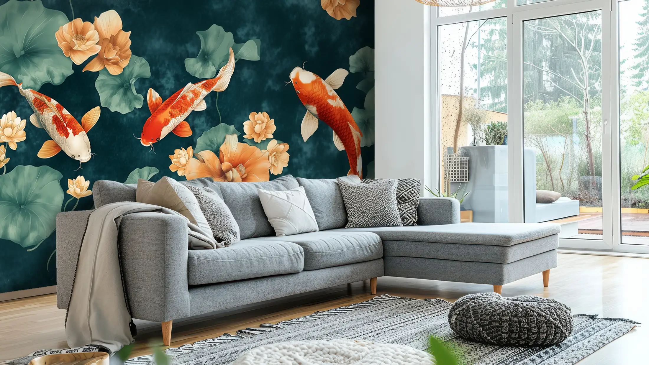 Toile tendue murale Carpes Koï, posée dans un intérieur