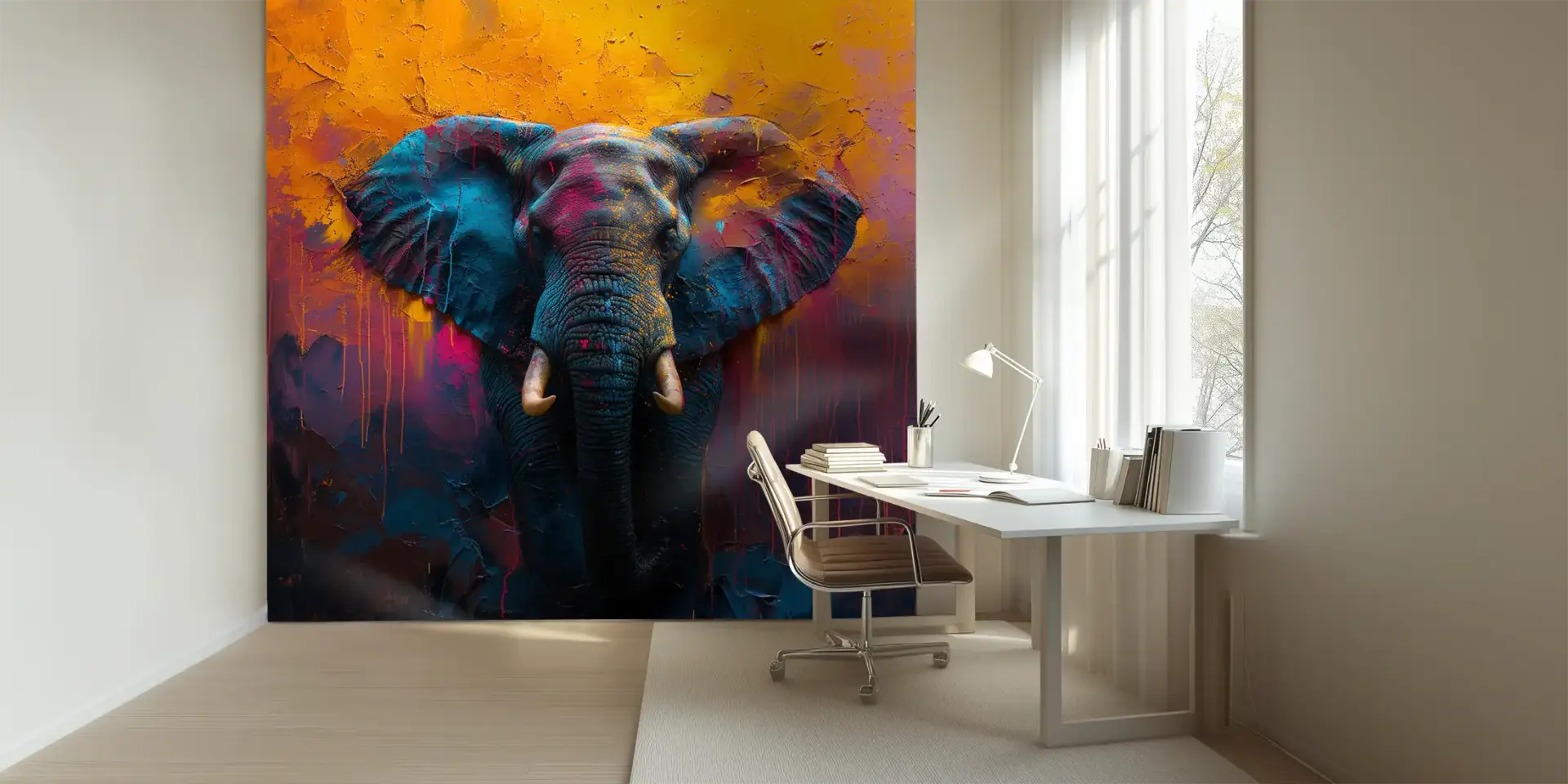 Toile tendue murale Éléphant, posée dans un intérieur