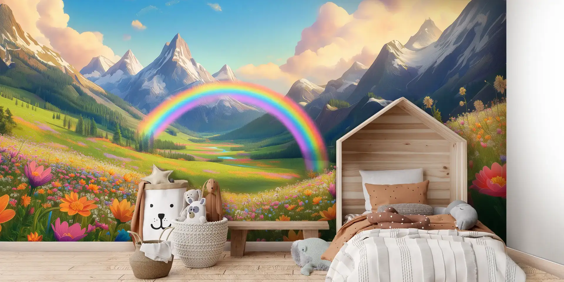 Toile tendue murale Arc-en-ciel en montagne, posée dans un intérieur