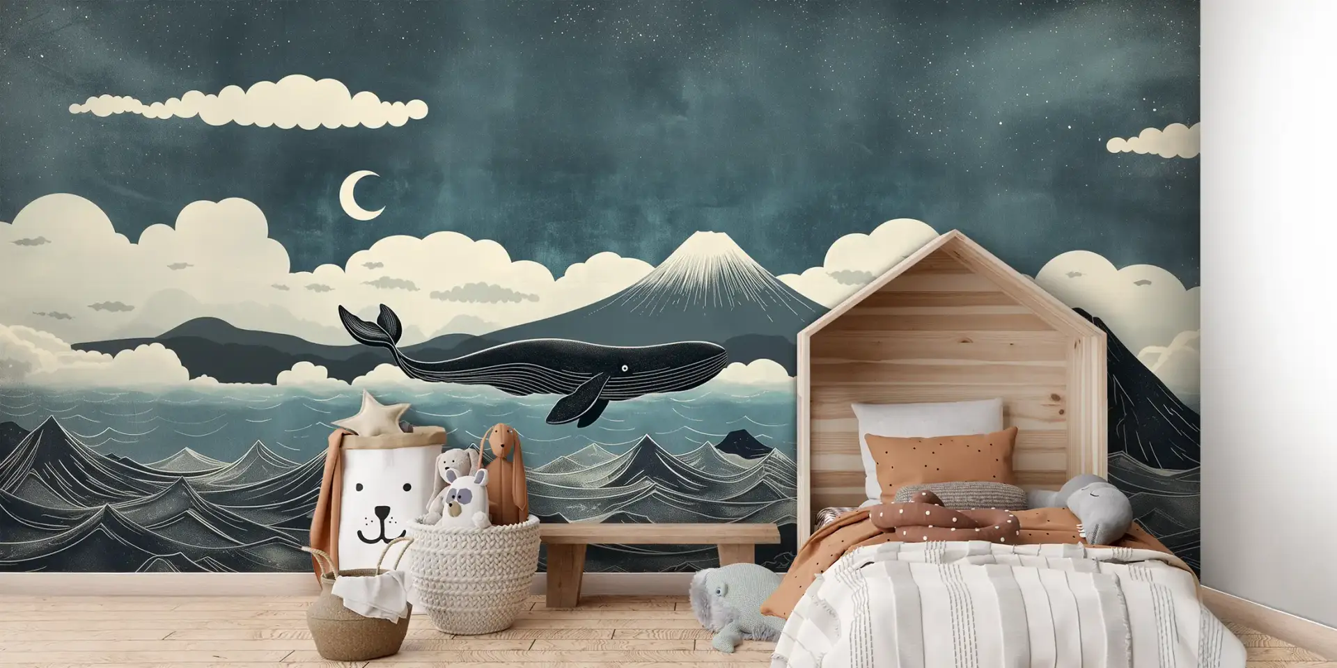 Toile tendue murale Baleine vintage, posée dans un intérieur