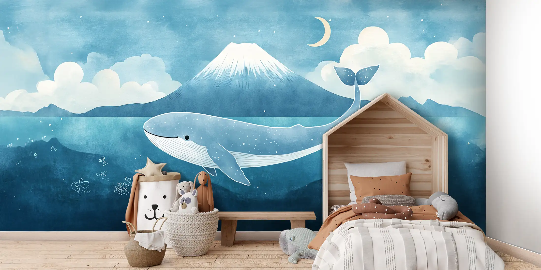 Toile tendue murale Baleine bleue, posée dans un intérieur