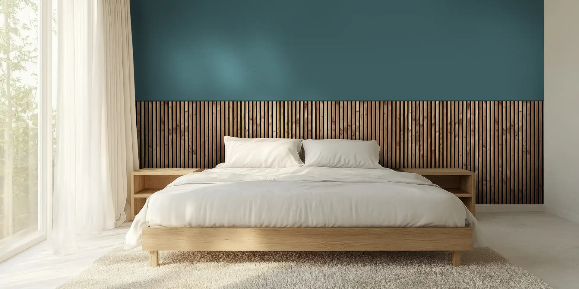 Toile tendue murale Clairvoie bleu Céladon, posée dans un intérieur