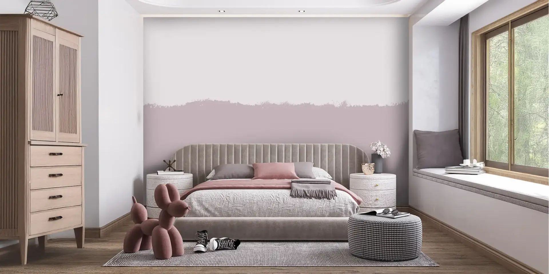 Toile tendue murale Le Brush Rose poudré, posée dans un intérieur