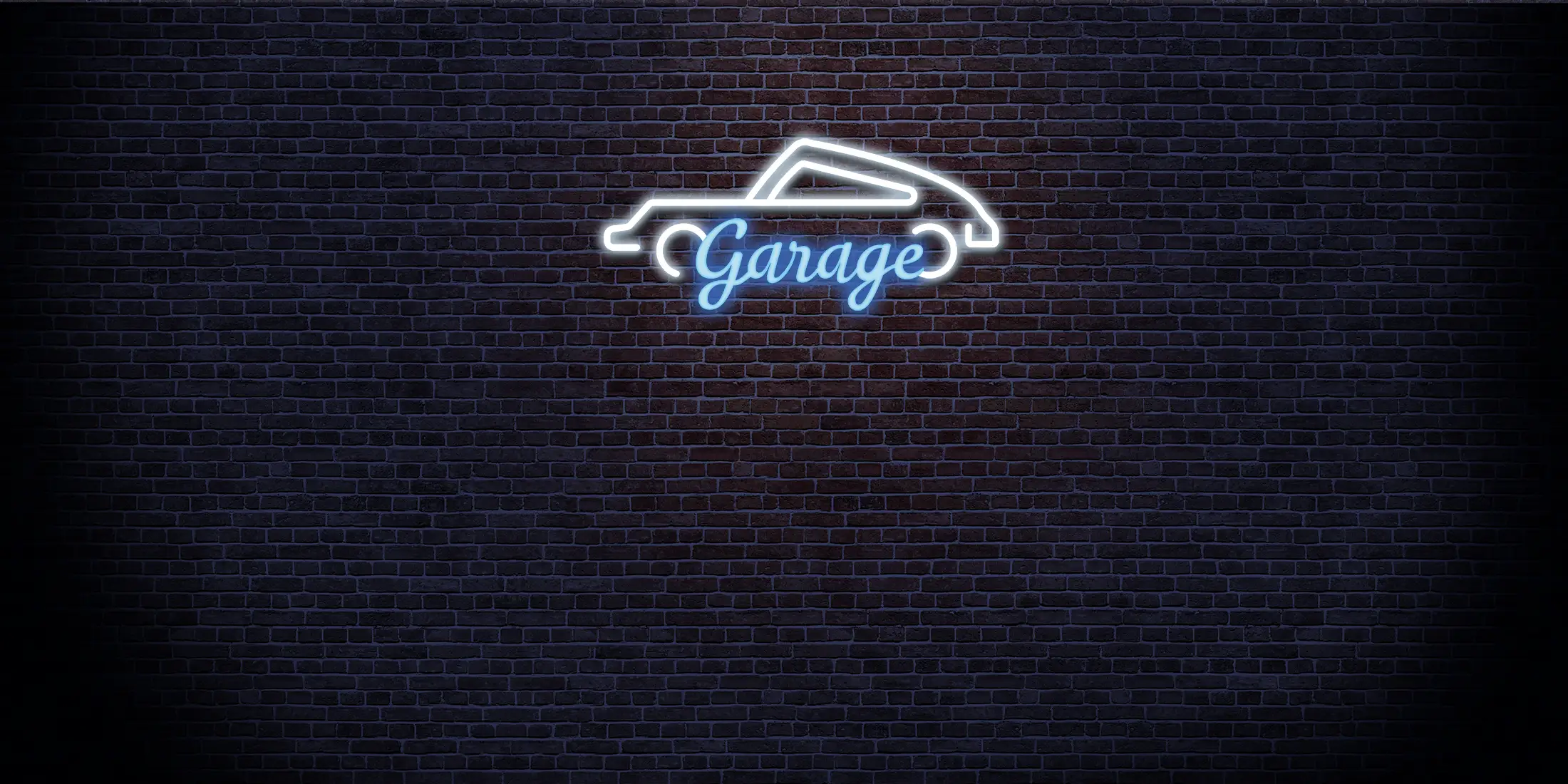 Toile tendue murale Garage Néon bleu, posée dans un intérieur