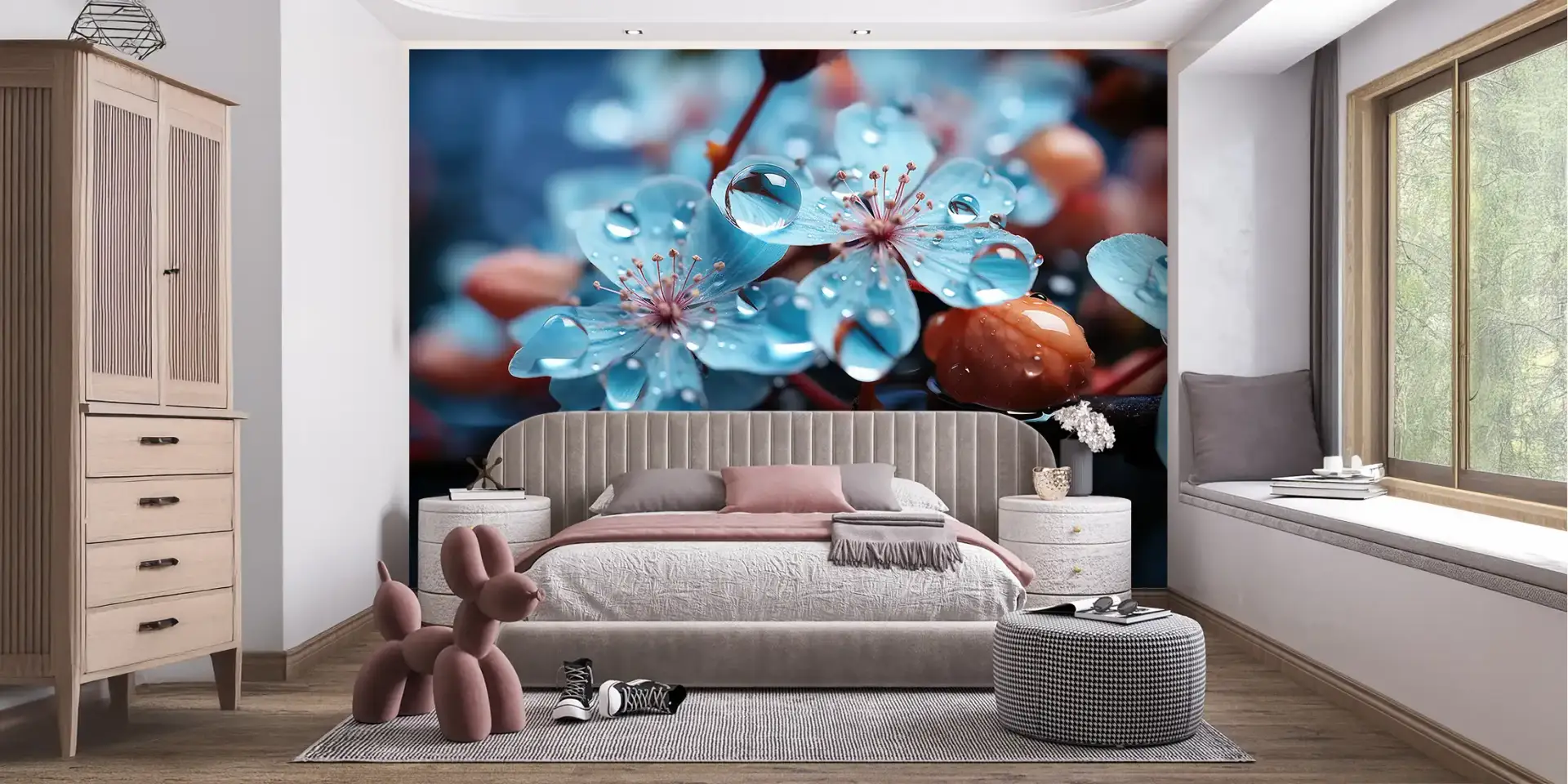 Toile tendue murale Cerisier du Japon bleu, posée dans un intérieur