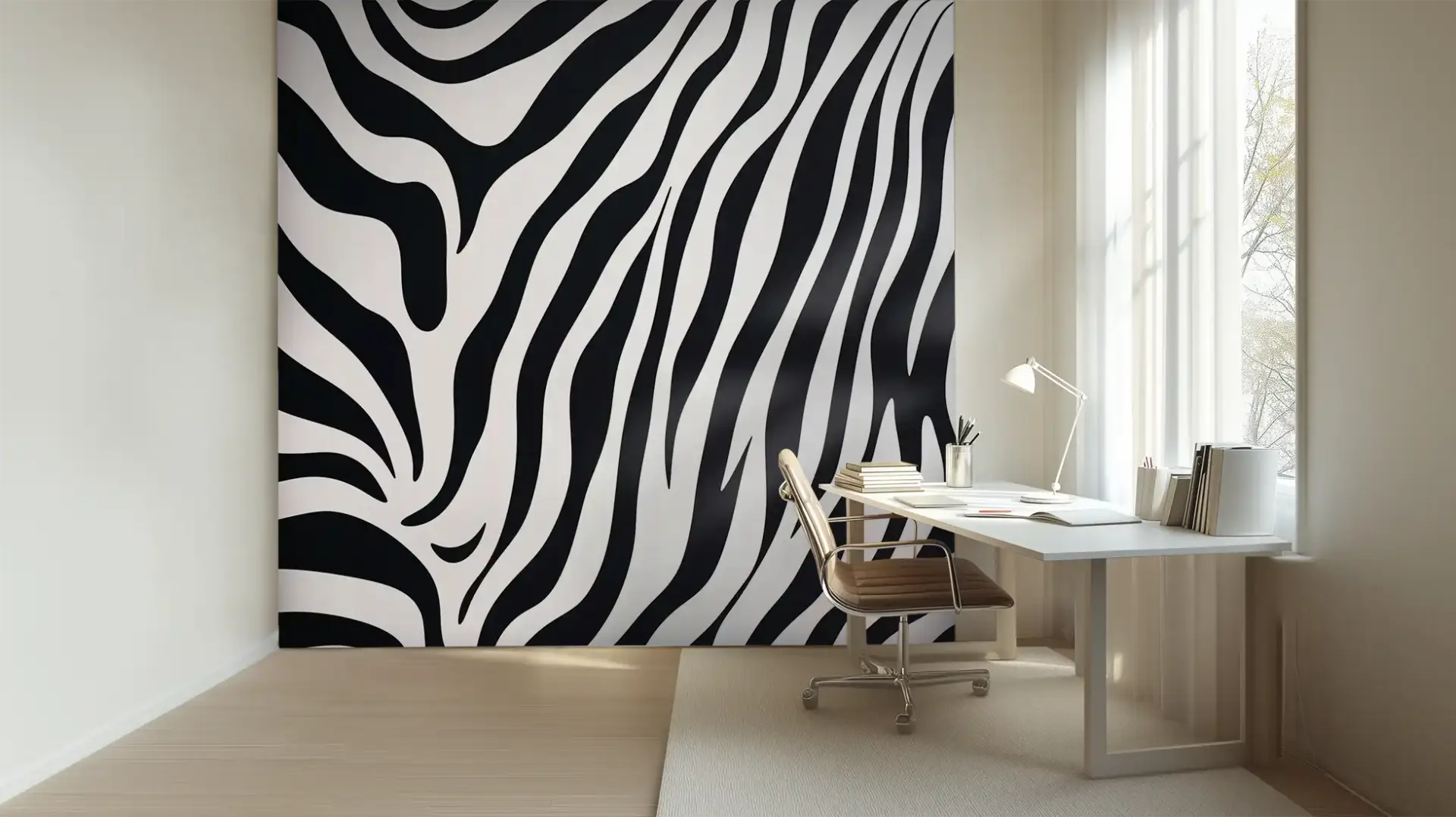 Toile tendue murale Zèbre lisse, posée dans un intérieur