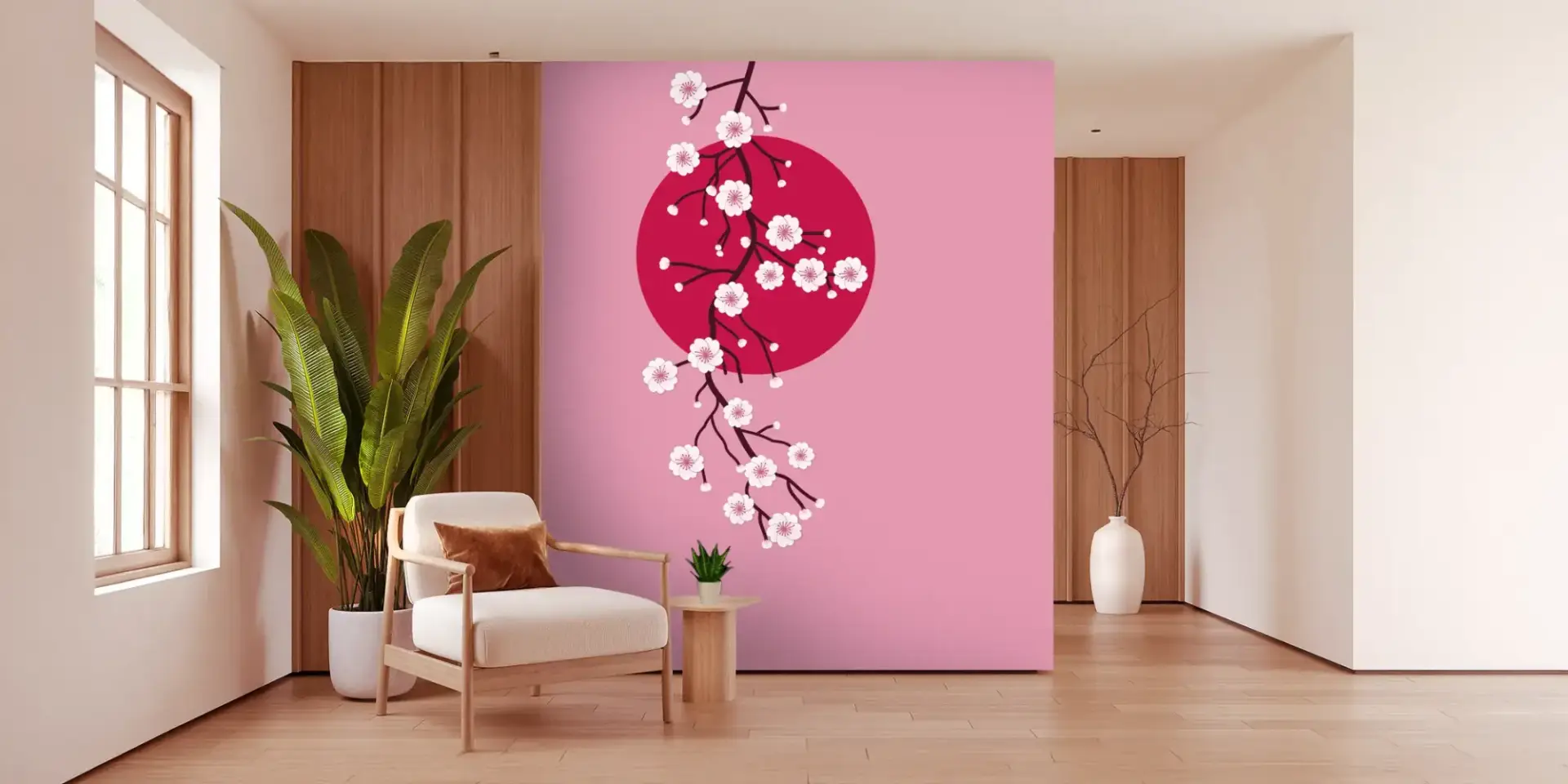 Toile tendue murale Branche de cerisier du Japon, posée dans un intérieur